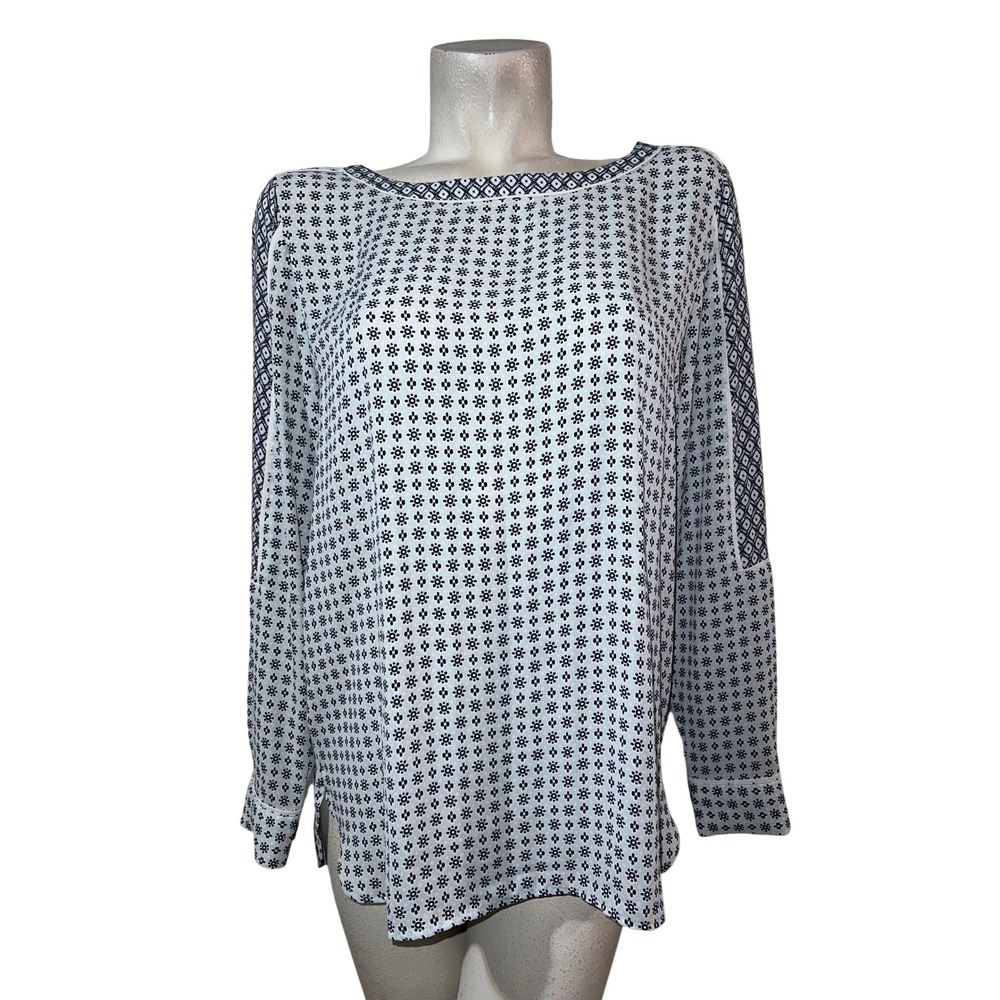 Loft Outlet Womens Mint White Geometric Floral Print Long Sleeve Blouse Medium